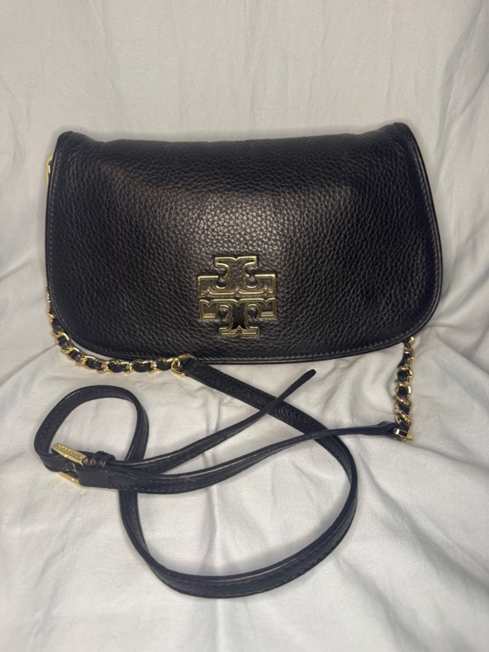 Tory Burch Britten Crossbody Bag Black Leather Gold Logo
